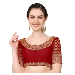 Women's Silk Embroidery Coding Round Neck Short Sleeve Readymade Blouse (Maroon, Free Size)