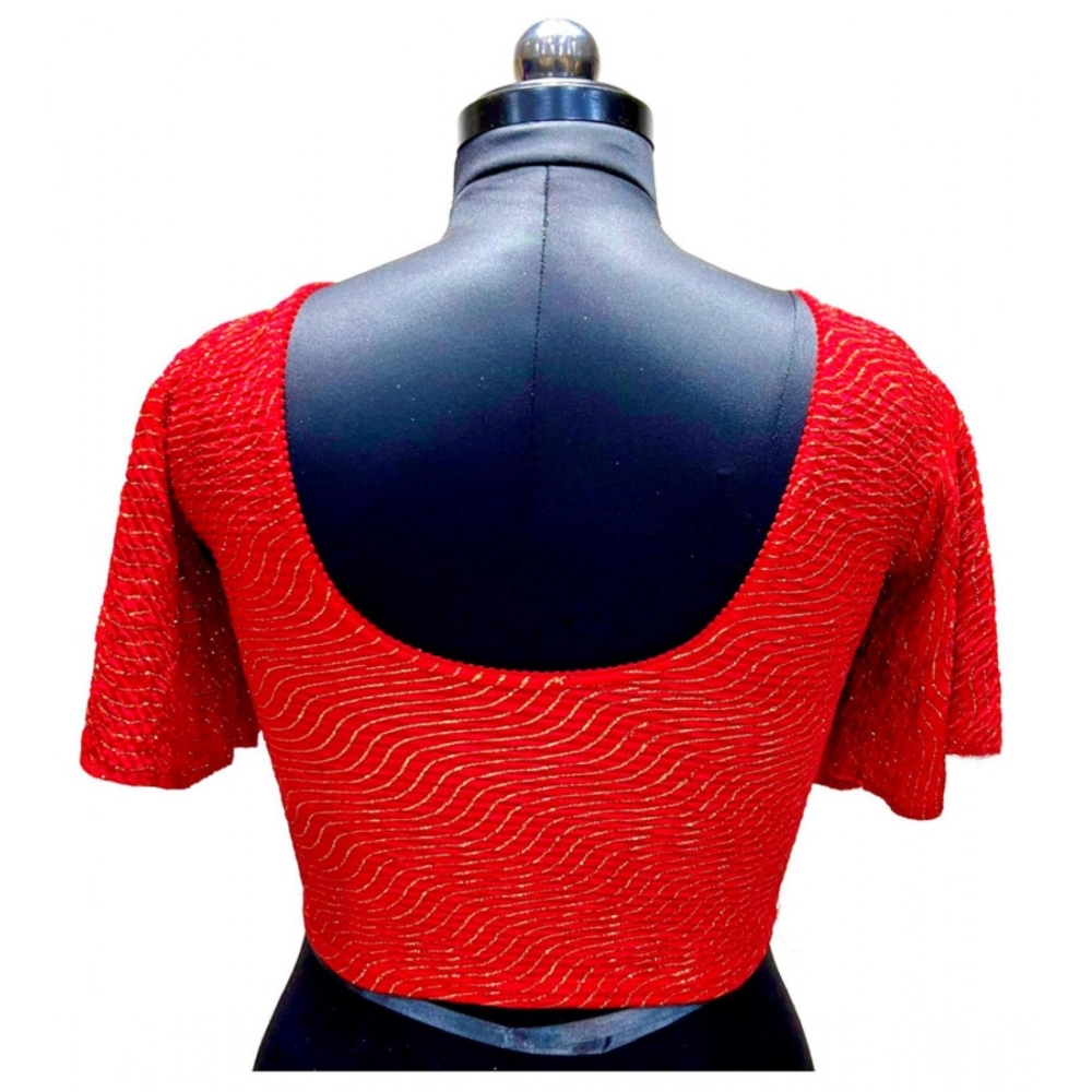 Women's Lycra Printed Round Neck Flared Sleeves Readymade Blouse (Red, Free Size) - Image 2