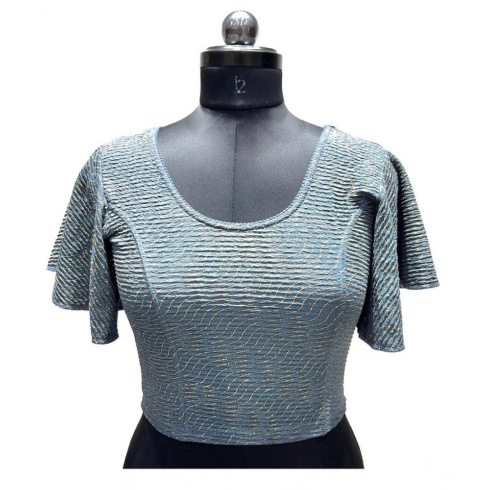 Women's Lycra Printed Round Neck Flared Sleeves Readymade Blouse (Grey, Free Size)