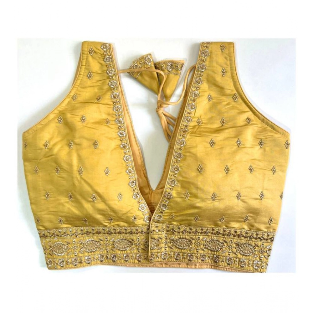 Women's Silk Thread work V Neck Sleeve Less Readymade Blouse (Yellow, Free Size) - Image 2