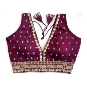 Women's Silk Thread work V Neck Sleeve Less Readymade Blouse (Wine, Free Size)
