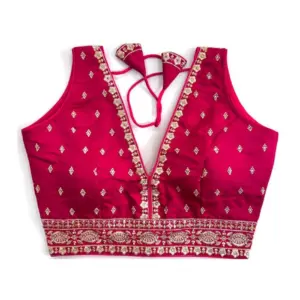 Women's Silk Thread work V Neck Sleeve Less Readymade Blouse (Rani, Free Size)