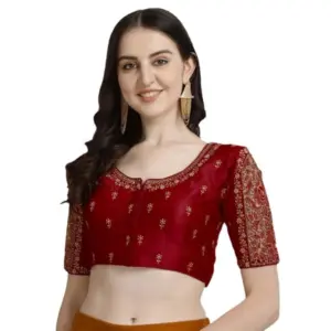 Women's Phantom Silk Woven Round Neck Short Sleeve Readymade Blouse (Maroon, Free Size)