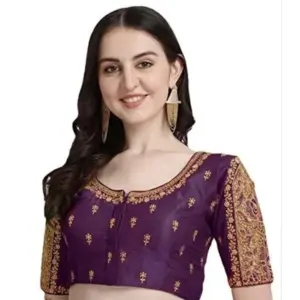 Women's Phantom Silk Woven Round Neck Short Sleeve Readymade Blouse (Purple, Free Size)