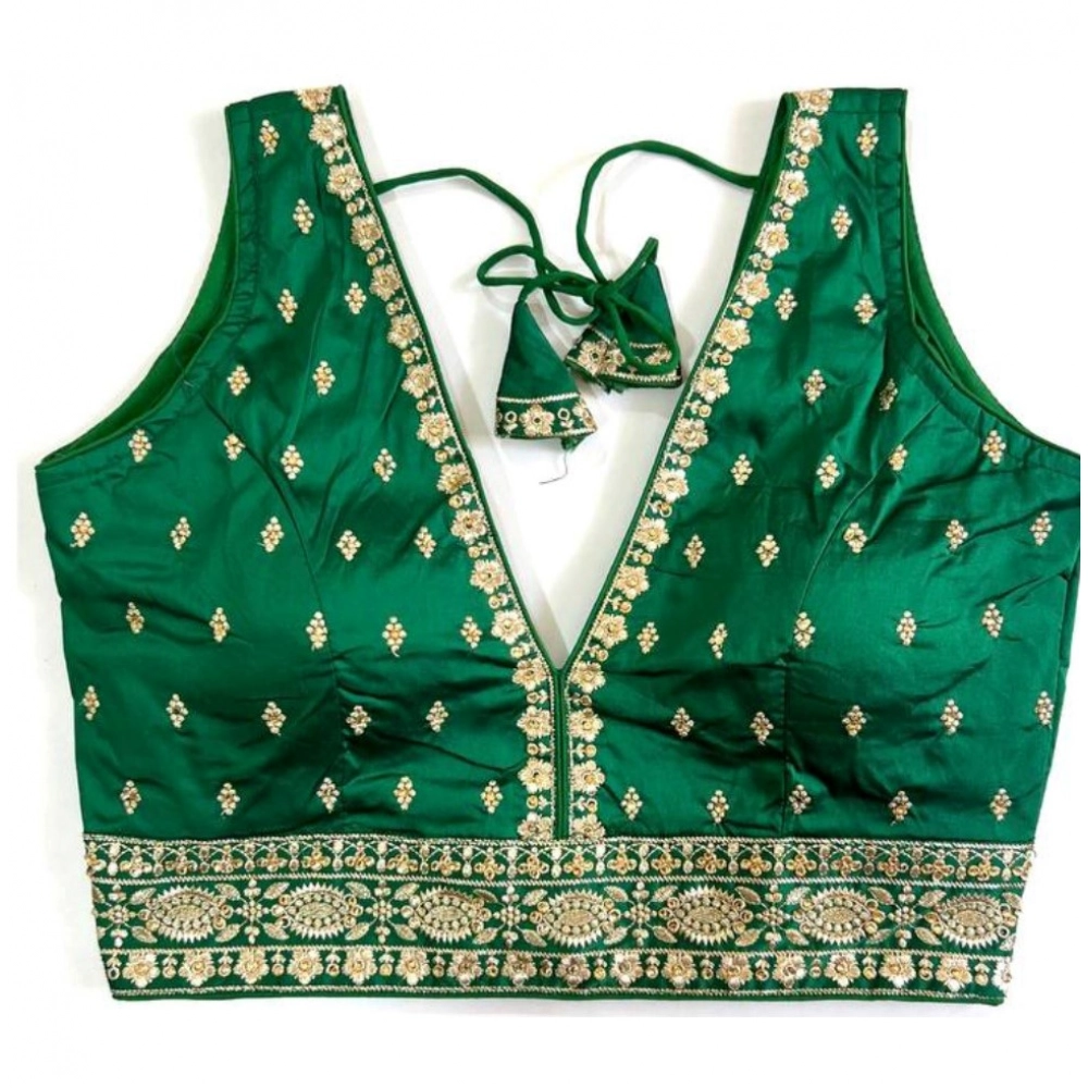 Women's Silk Thread work V Neck Sleeve Less Readymade Blouse (Green, Free Size)