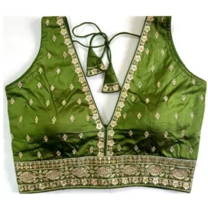 Women's Silk Thread work V Neck Sleeve Less Readymade Blouse (Mehendi, Free Size)