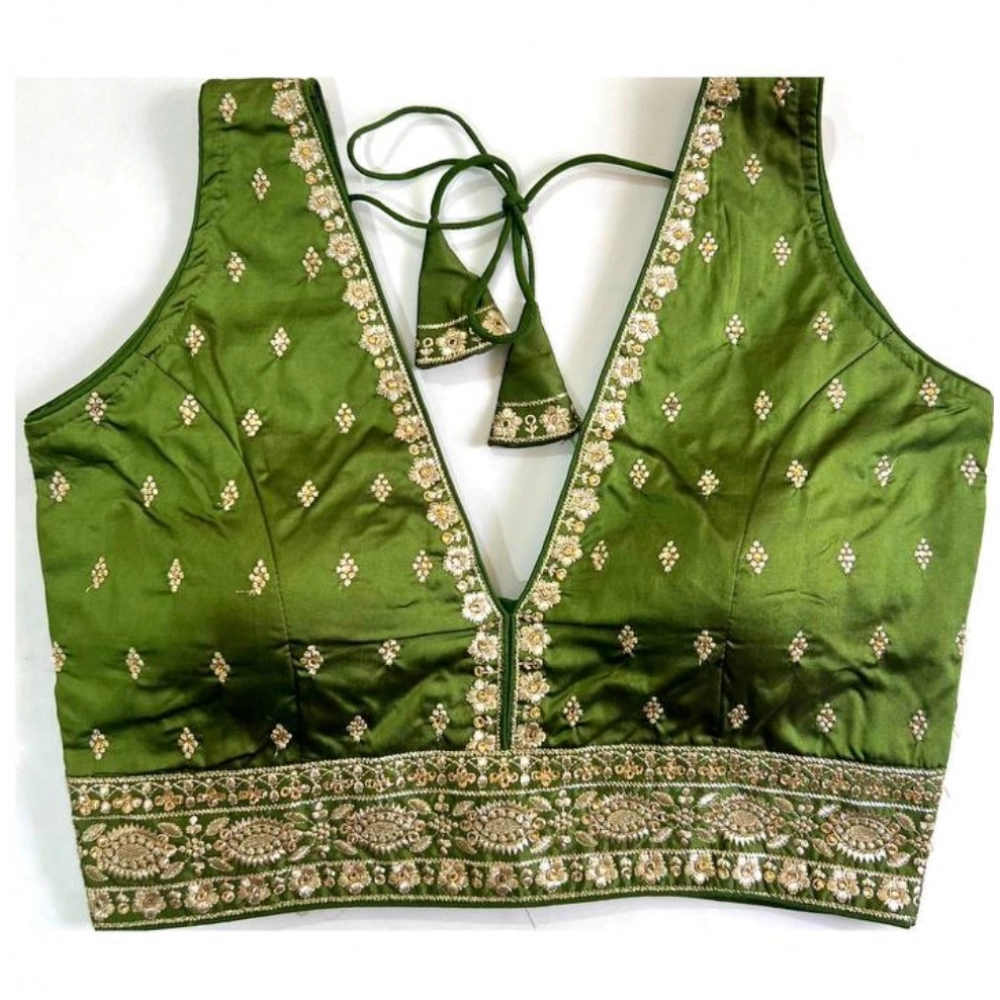 Women's Silk Thread work V Neck Sleeve Less Readymade Blouse (Mehendi, Free Size)
