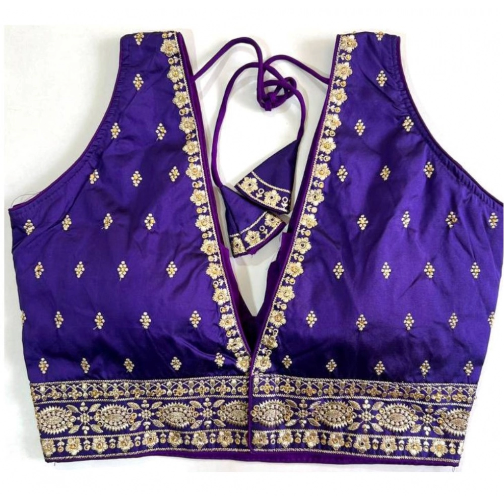 Women's Silk Thread work V Neck Sleeve Less Readymade Blouse (Blue, Free Size) - Image 2