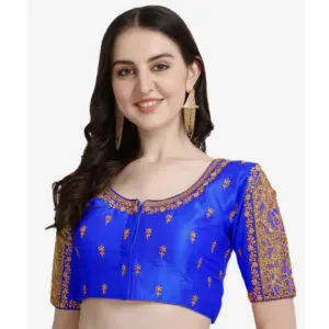 Women's Phantom Silk Woven Round Neck Short Sleeve Readymade Blouse (Royal Blue, Free Size)