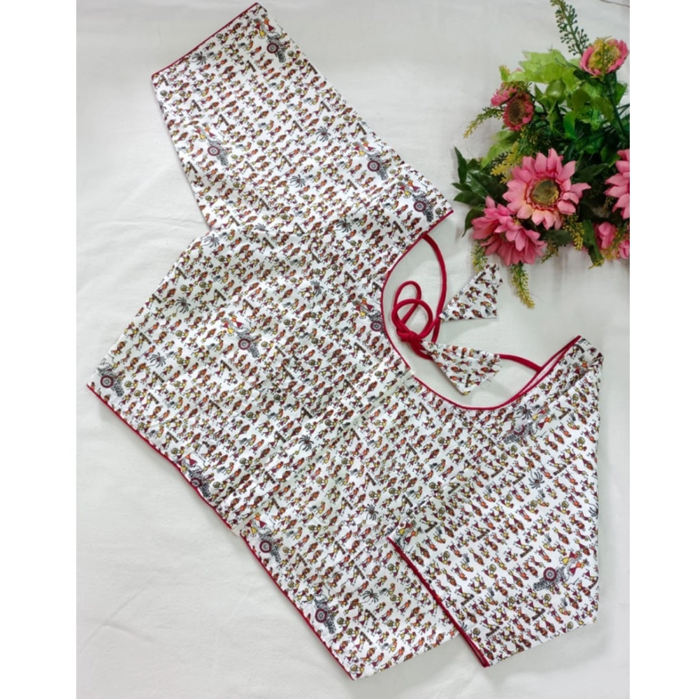 Women's Cotton Printed Round Neck Short Sleeve Readymade Blouse (Red, Free Size)