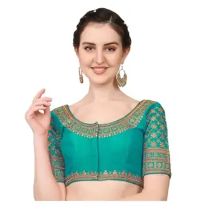 Women's Silk Embroidery Coding Round Neck Short Sleeve Readymade Blouse (Sky Blue, Free Size)