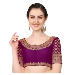 Women's Silk Embroidery Coding Round Neck Short Sleeve Readymade Blouse (Purple, Free Size)