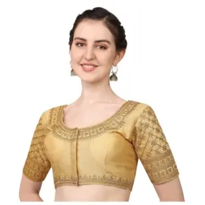 Women's Silk Embroidery Coding Round Neck Short Sleeve Readymade Blouse (Golden, Free Size)