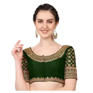 Women's Silk Embroidery Coding Round Neck Short Sleeve Readymade Blouse (Dark Green, Free Size)