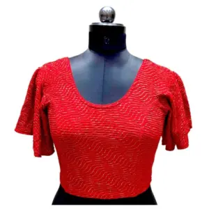 Women's Lycra  Printed Round Neck Flared Sleeves Readymade Blouse (Red, Free Size)
