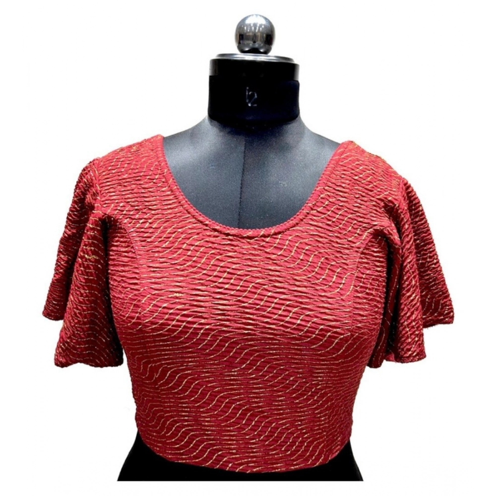Women's Lycra Printed Round Neck Flared Sleeves Readymade Blouse (Maroon, Free Size)