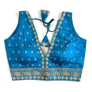 Women's Silk Thread work V Neck Sleeve Less Readymade Blouse (Sky Blue, Free Size)