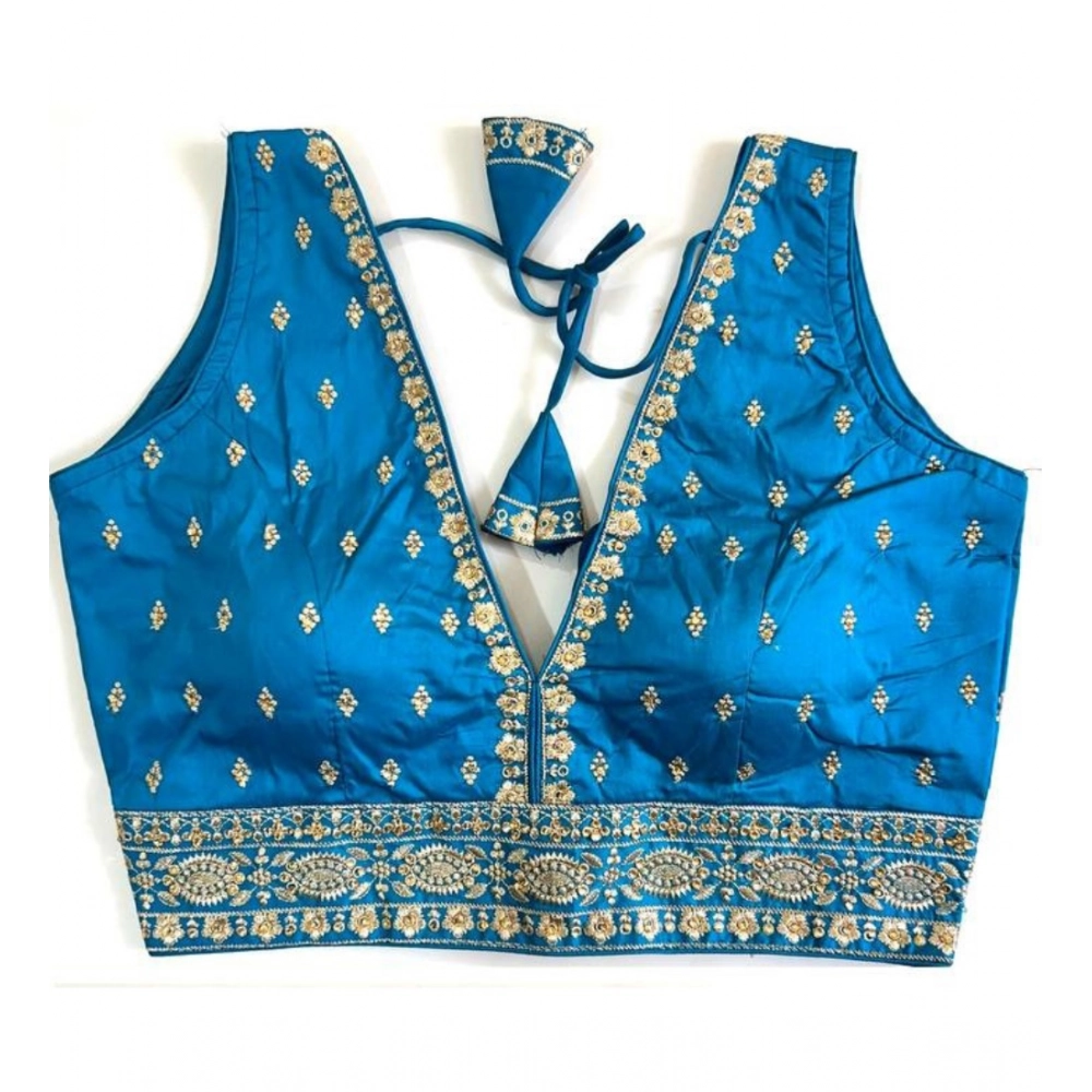 Women's Silk Thread work V Neck Sleeve Less Readymade Blouse (Sky Blue, Free Size)