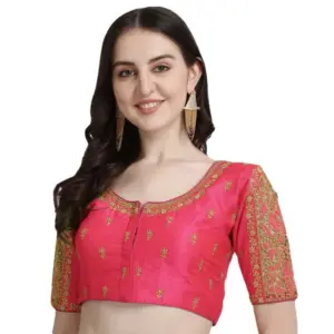 Women's Phantom Silk Woven Round Neck Short Sleeve Readymade Blouse (Peach, Free Size)