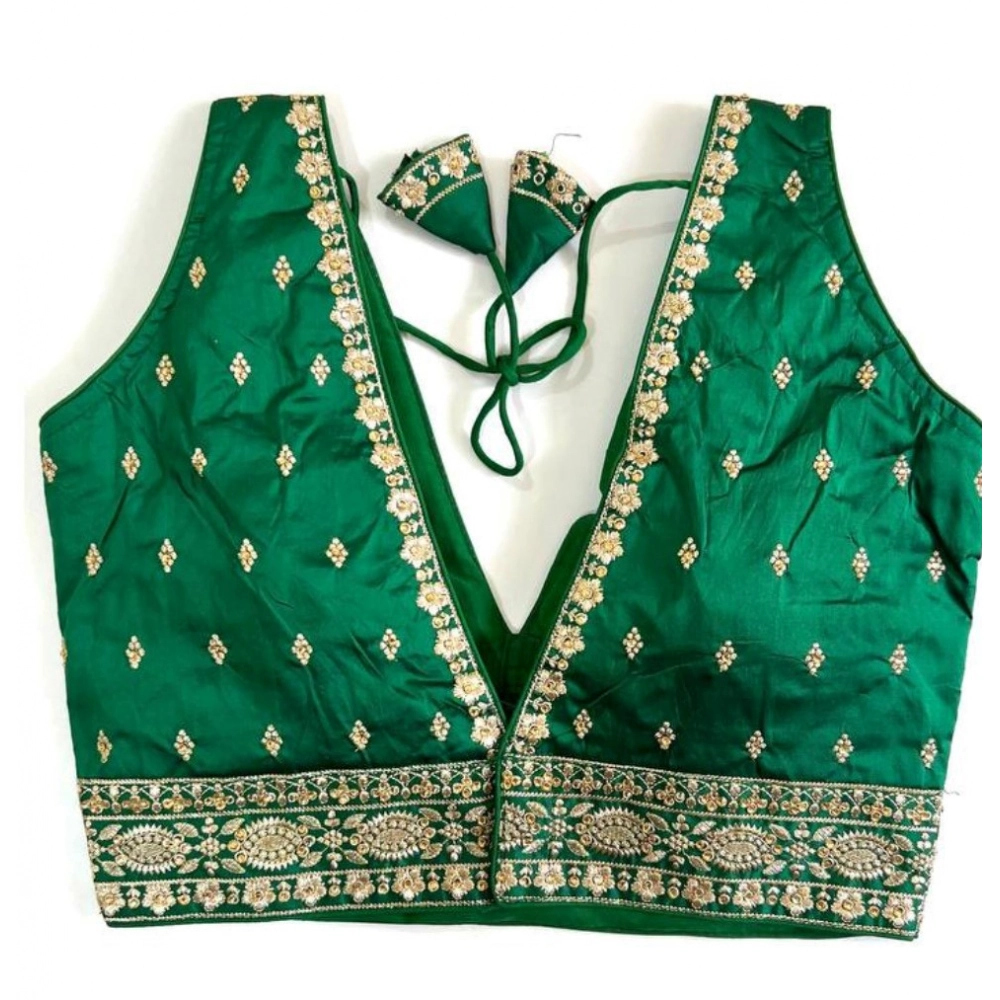 Women's Silk Thread work V Neck Sleeve Less Readymade Blouse (Green, Free Size) - Image 2