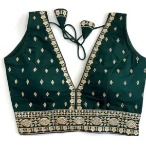 Women's Silk Thread work V Neck Sleeve Less Readymade Blouse (Dark Green, Free Size)
