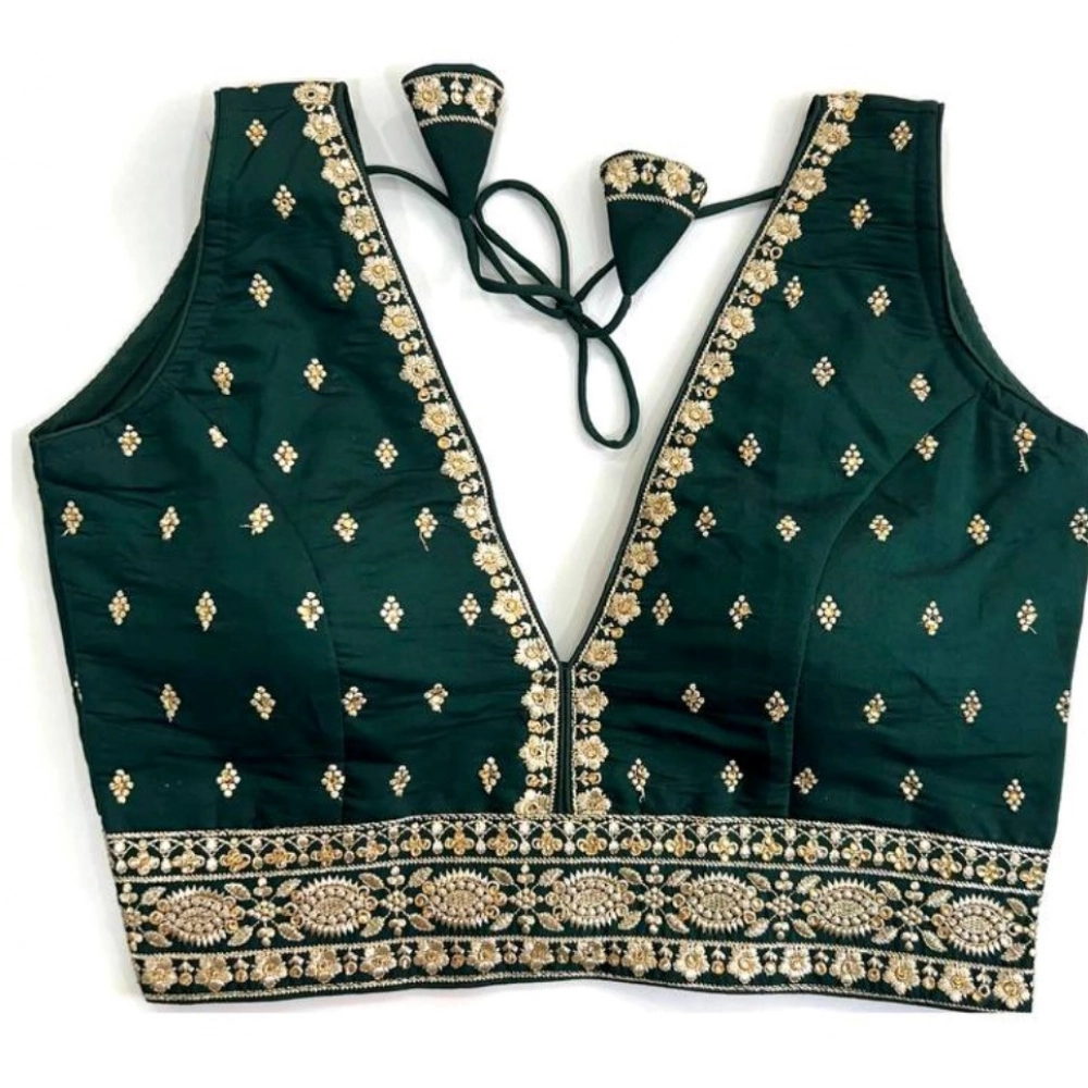 Women's Silk Thread work V Neck Sleeve Less Readymade Blouse (Dark Green, Free Size)
