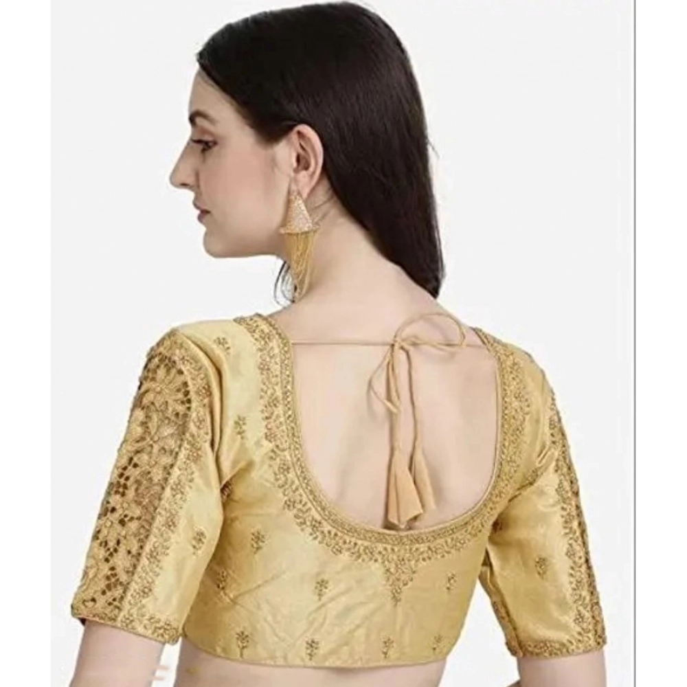 Women's Phantom Silk Woven Round Neck Short Sleeve Readymade Blouse (Golden, Free Size) - Image 2