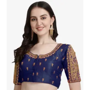 Women's Phantom Silk Woven Round Neck Short Sleeve Readymade Blouse (Blue, Free Size)