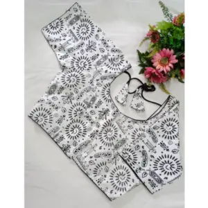 Women's Cotton Printed Round Neck Short Sleeve Readymade Blouse (White-Blk, Free Size)