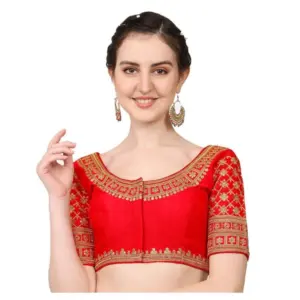 Women's Silk Embroidery Coding Round Neck Short Sleeve Readymade Blouse (Red, Free Size)
