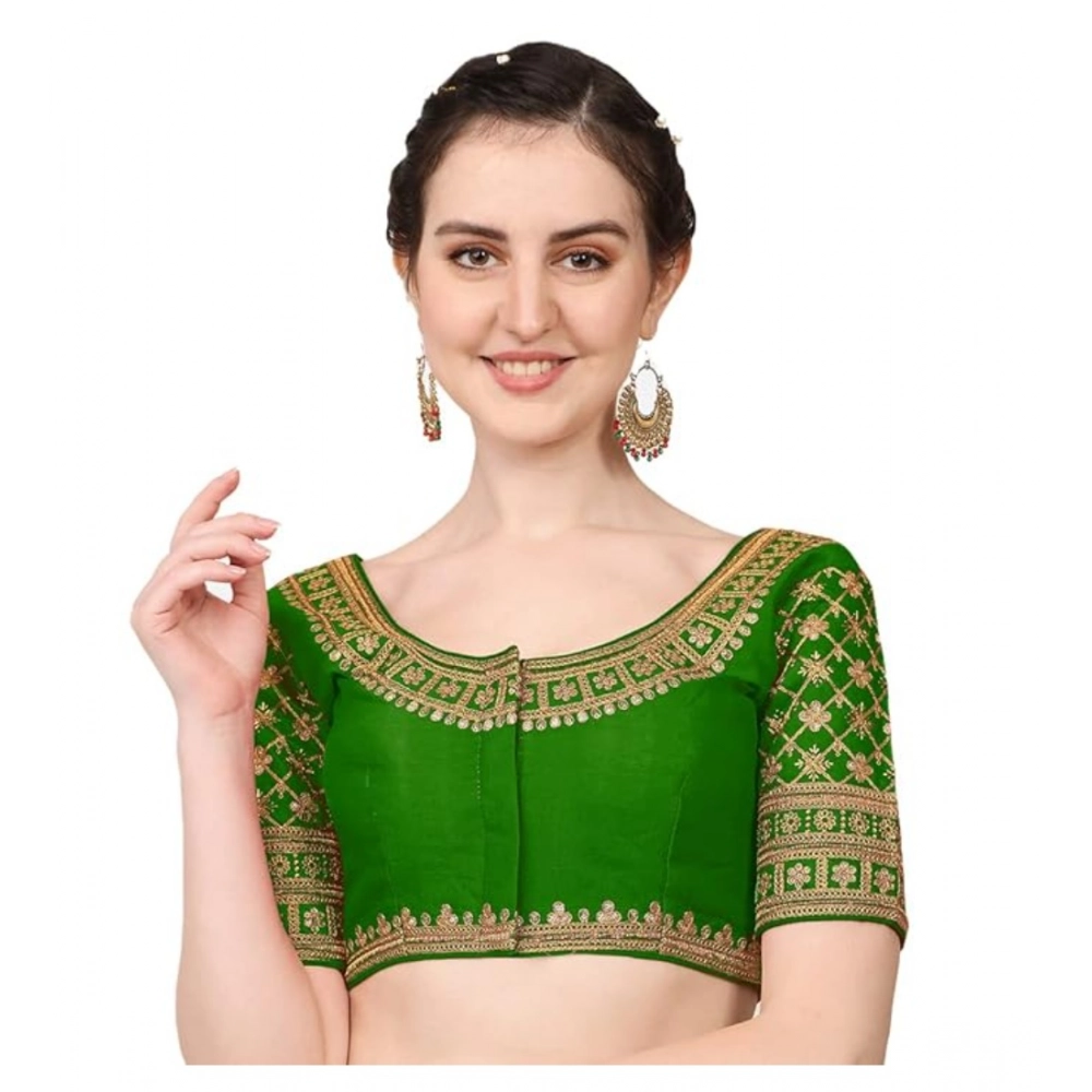 Women's Silk Embroidery Coding Round Neck Short Sleeve Readymade Blouse (Green, Free Size)