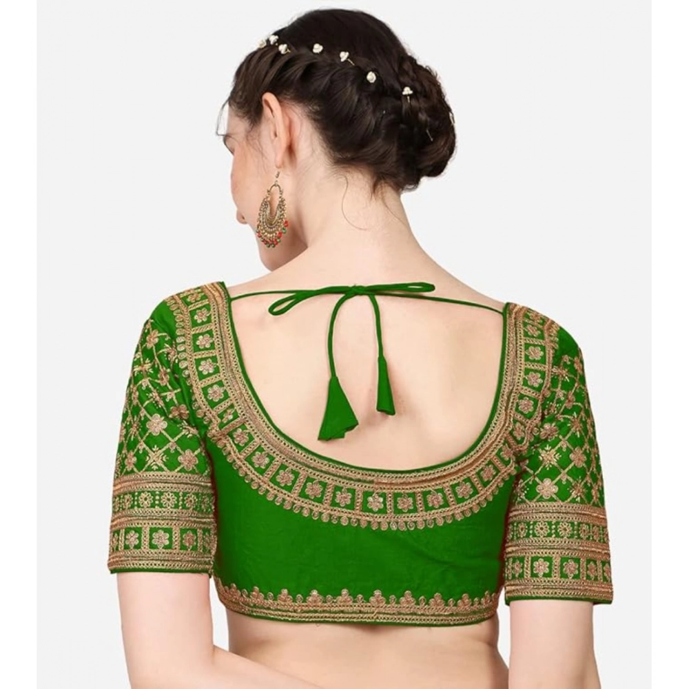 Women's Silk Embroidery Coding Round Neck Short Sleeve Readymade Blouse (Green, Free Size) - Image 3