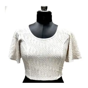 Women's Lycra  Printed Round Neck Flared Sleeves Readymade Blouse (White, Free Size)