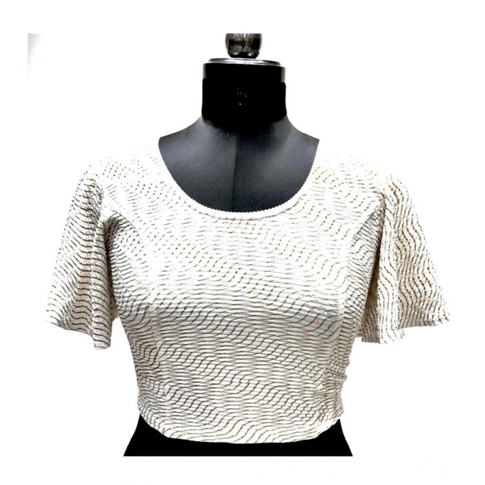 Women's Lycra Printed Round Neck Flared Sleeves Readymade Blouse (White, Free Size)