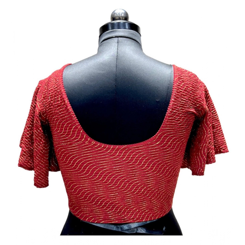 Women's Lycra Printed Round Neck Flared Sleeves Readymade Blouse (Maroon, Free Size) - Image 2