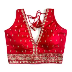 Women's Silk Thread work V Neck Sleeve Less Readymade Blouse (Red, Free Size)