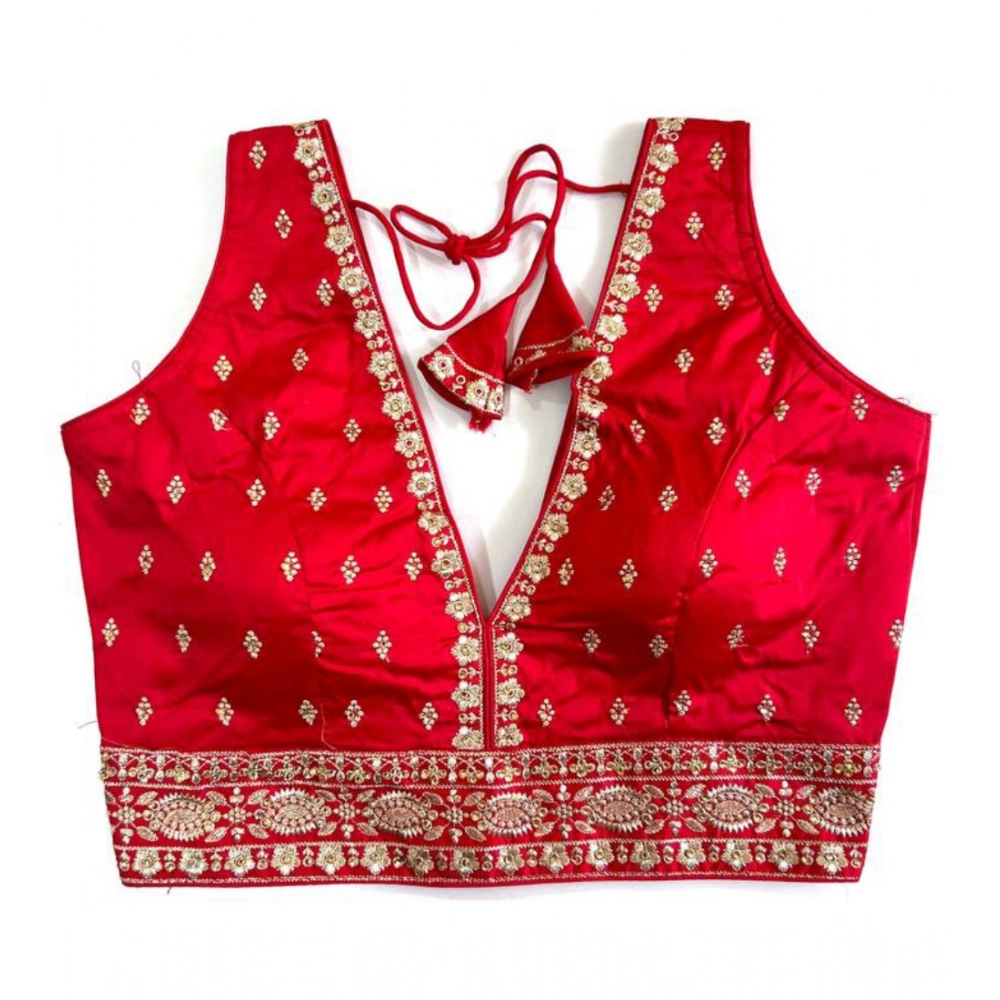 Women's Silk Thread work V Neck Sleeve Less Readymade Blouse (Red, Free Size)