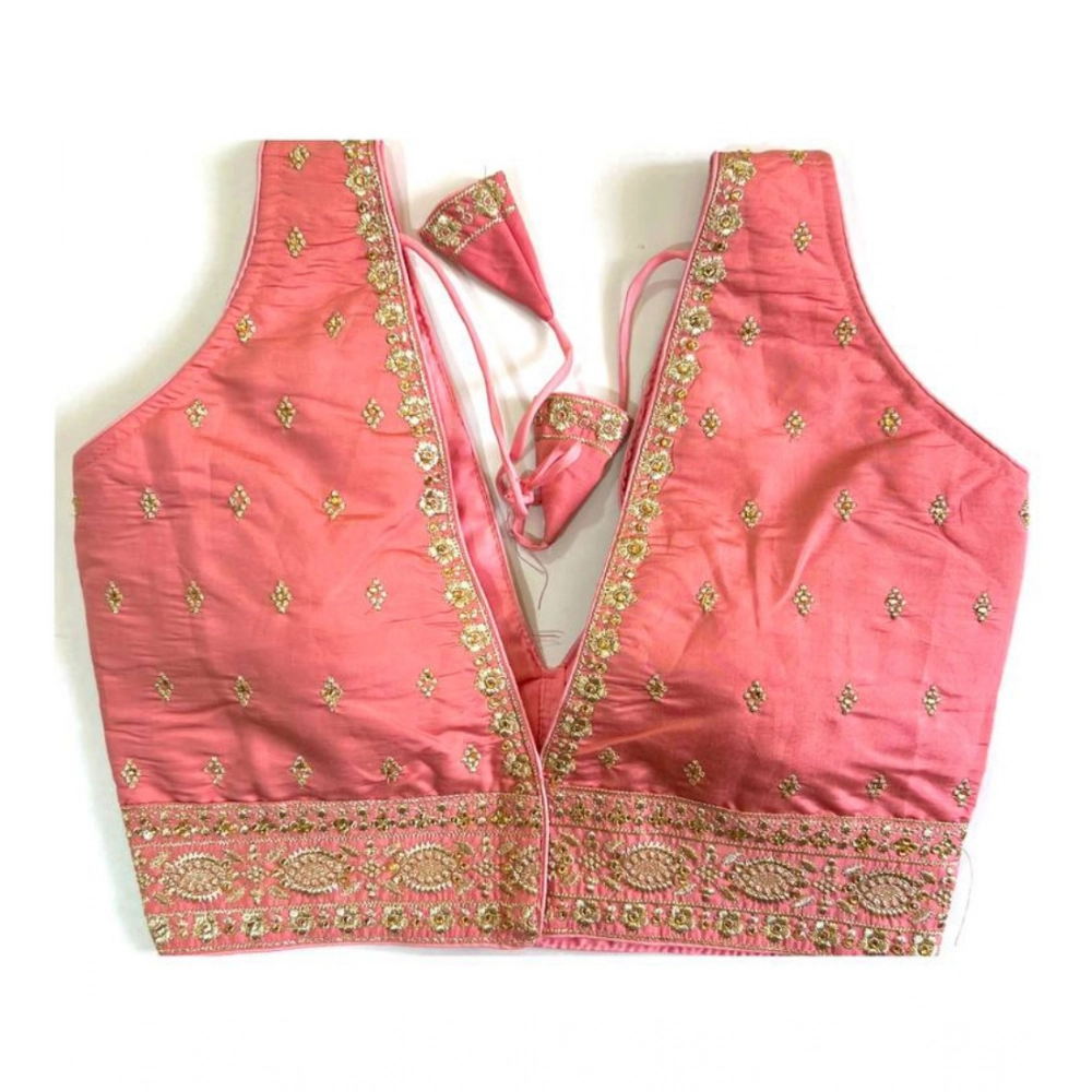 Women's Silk Thread work V Neck Sleeve Less Readymade Blouse (Peach, Free Size) - Image 2