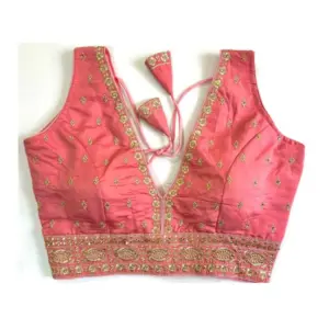 Women's Silk Thread work V Neck Sleeve Less Readymade Blouse (Peach, Free Size)