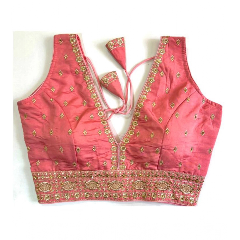 Women's Silk Thread work V Neck Sleeve Less Readymade Blouse (Peach, Free Size)