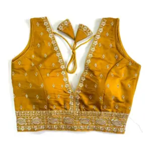 Women's Silk Thread work V Neck Sleeve Less Readymade Blouse (Mustard, Free Size)