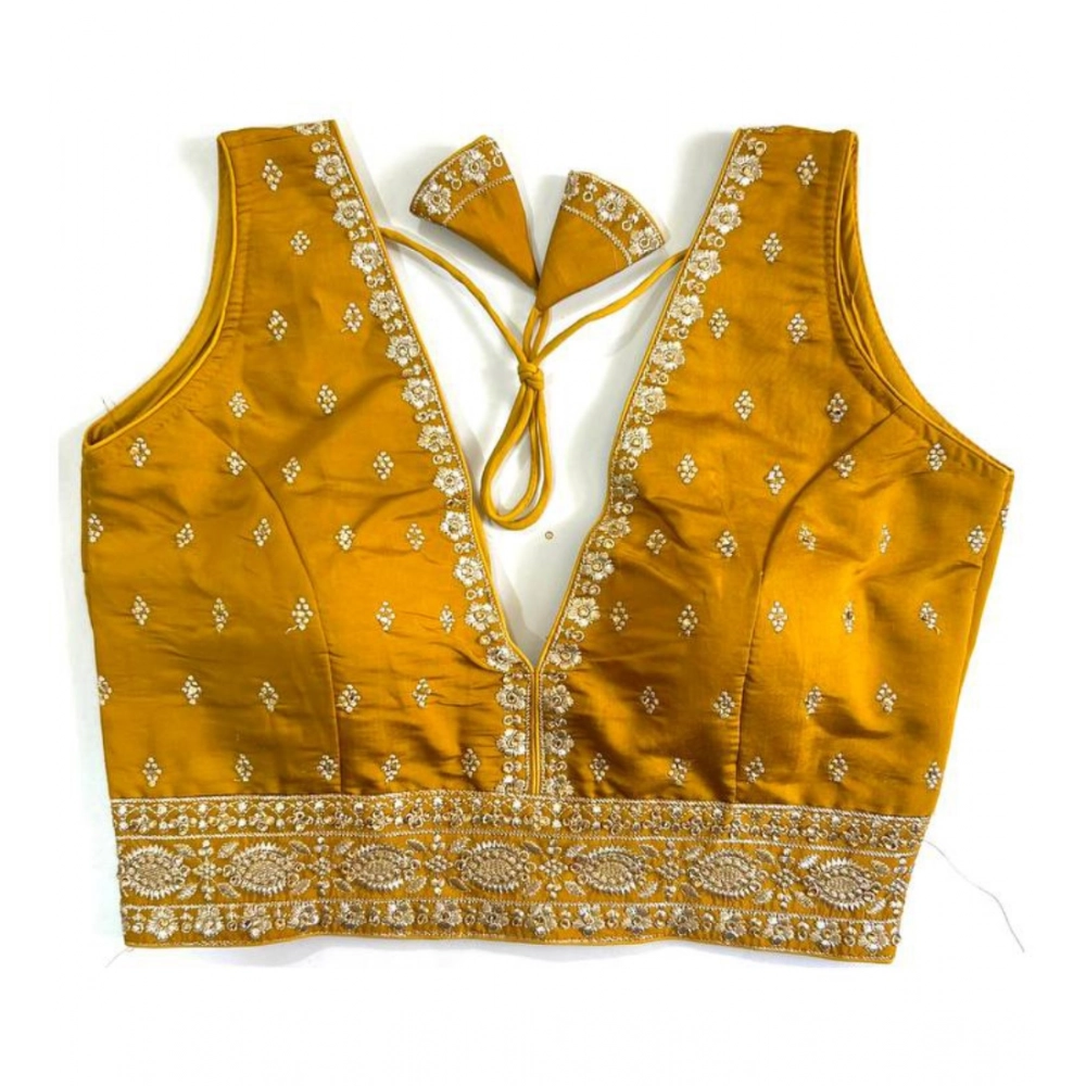 Women's Silk Thread work V Neck Sleeve Less Readymade Blouse (Mustard, Free Size)