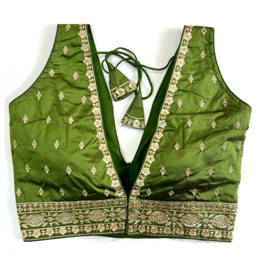 Women's Silk Thread work V Neck Sleeve Less Readymade Blouse (Mehendi, Free Size) - Image 2