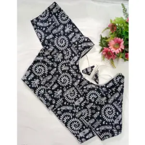 Women's Cotton Printed Round Neck Short Sleeve Readymade Blouse (Black, Free Size)