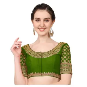 Women's Silk Embroidery Coding Round Neck Short Sleeve Readymade Blouse (Light Green, Free Size)