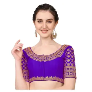 Women's Silk Embroidery Coding Round Neck Short Sleeve Readymade Blouse (Blue, Free Size)