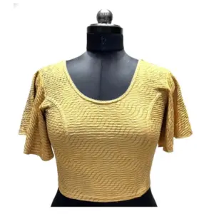 Women's Lycra  Printed Round Neck Flared Sleeves Readymade Blouse (Yellow, Free Size)