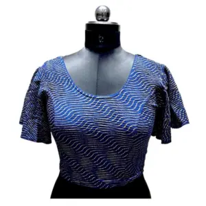 Women's Lycra  Printed Round Neck Flared Sleeves Readymade Blouse (Navy Blue, Free Size)