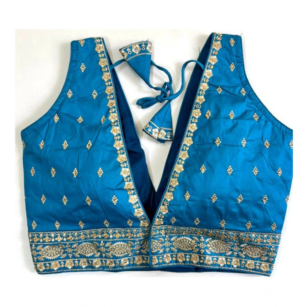 Women's Silk Thread work V Neck Sleeve Less Readymade Blouse (Sky Blue, Free Size) - Image 2