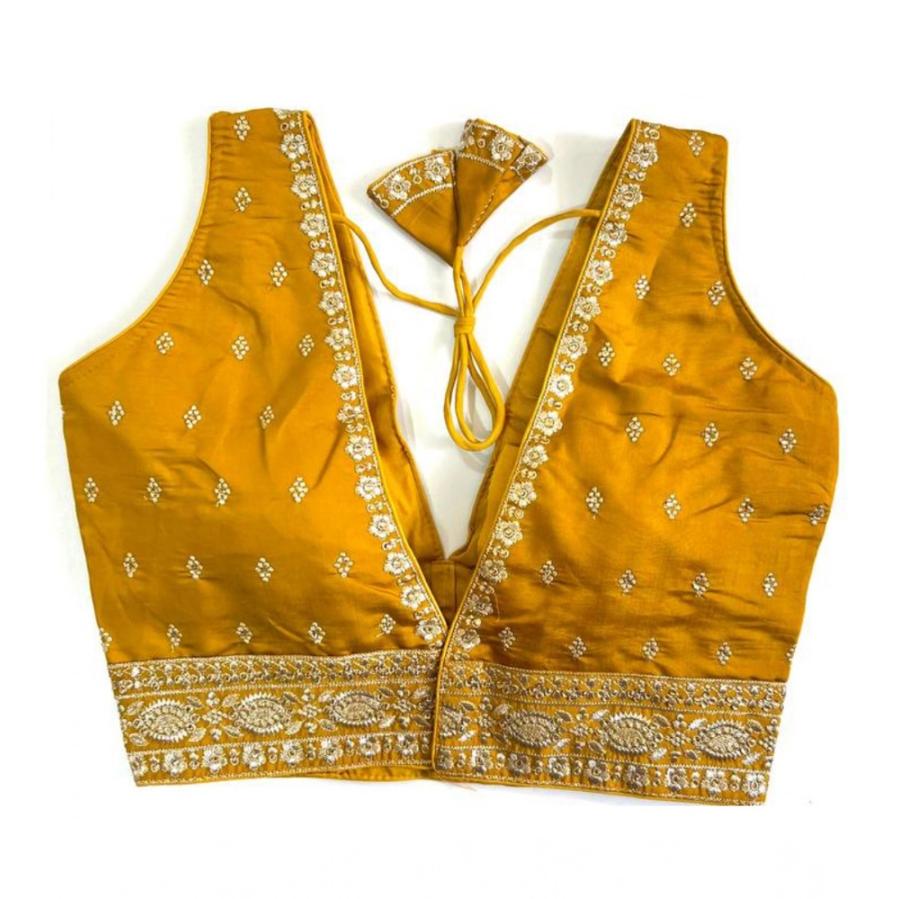 Women's Silk Thread work V Neck Sleeve Less Readymade Blouse (Mustard, Free Size) - Image 2